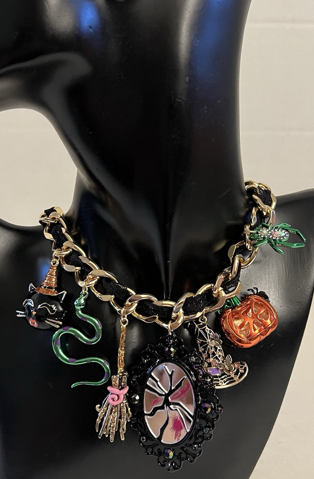 Betsey Johnson Necklace Halloween Pumpkin, Mirror, Cat, Witch Broom ,snake Charm