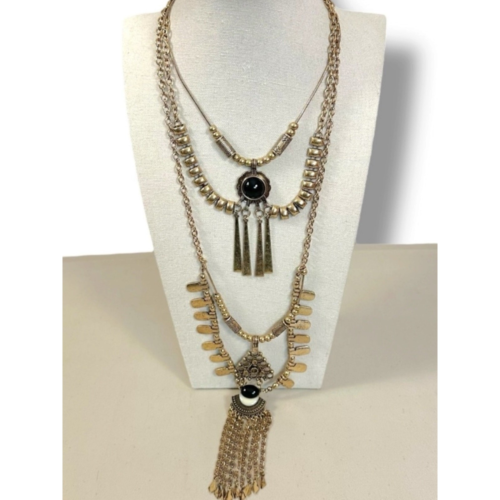 Free People Bring It Home Layered Necklace Gold Black Statement Bohemian Witchy