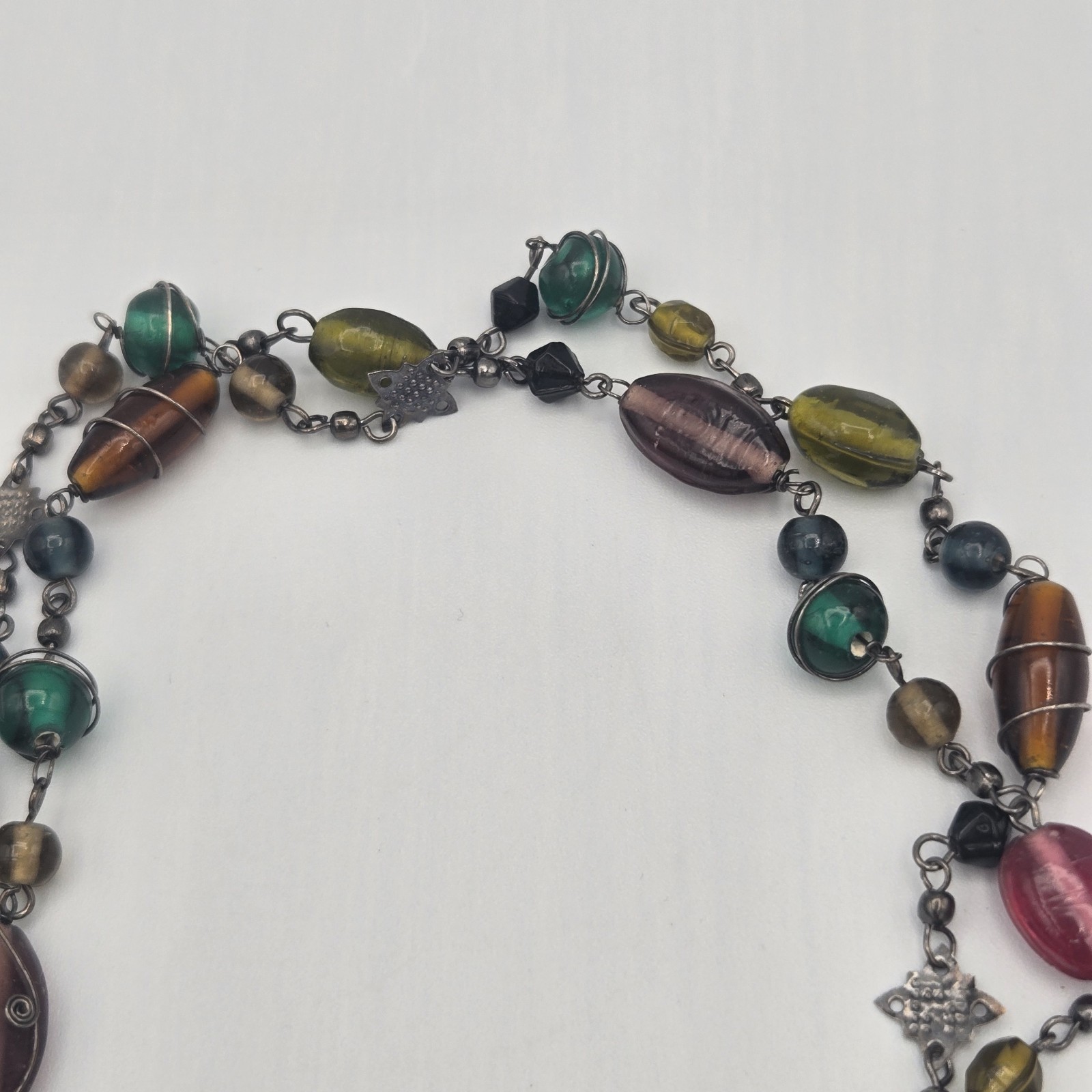 Boho Multicolor Beaded Necklace Long Wire Wrapped Glass Bead Statement Jewelry