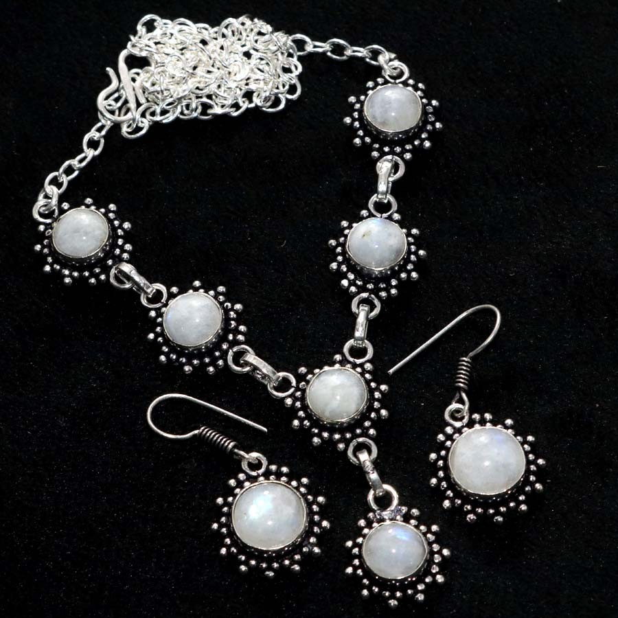 Most Beautiful Round Rainbow Moonstone Necklace Earrings Set 18|1.3″ Trendy MJ