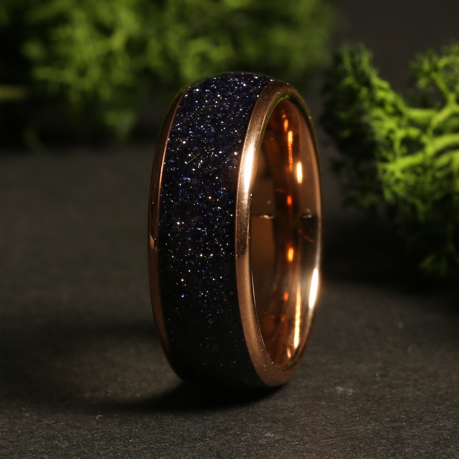Sandstone Nebula Galaxy Ring Set, Rose 8mm & 4mm Gold Wedding Band, Comfort Fit