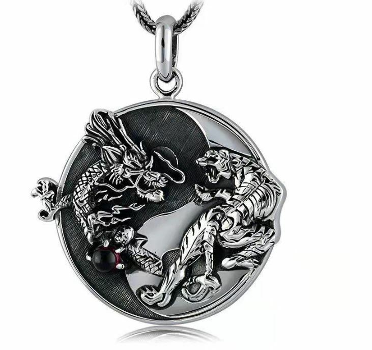 Mens Steel Protection Dragon Tiger Yin Ying Yang Pendant Necklace Men