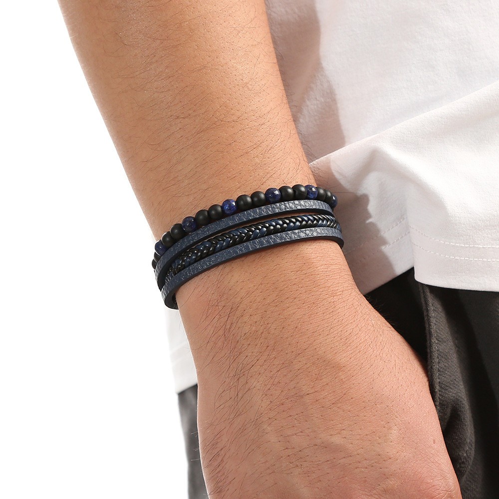 Men’s Tiger Eye Natural Stone Layered Braided Leather Beaded Bracelet