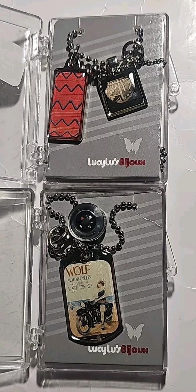 (2) LUCY LU’S BIJOUX HAND CRAFTED CHARM / DOG TAG NECKLACE LOT WOLD MOTORCYCLES
