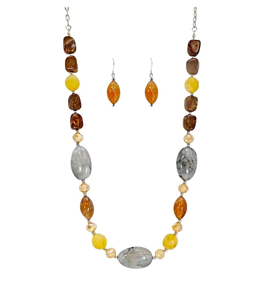Multicolor Neutral Bead Necklace Earring Set Brown Beige Gray Statement jewelry