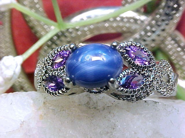 Blue Star Sapphire Ring 8X6mm & Amethyst & White Topaz 925 Sz 10.25