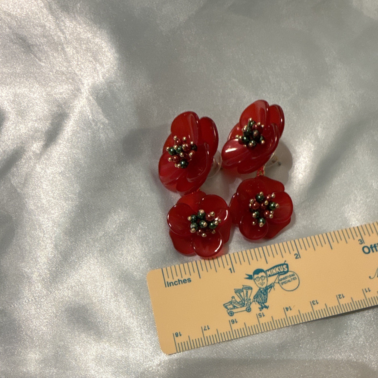Red & Gold Tone Flower Drop Earrings Plastic Metal No Stone