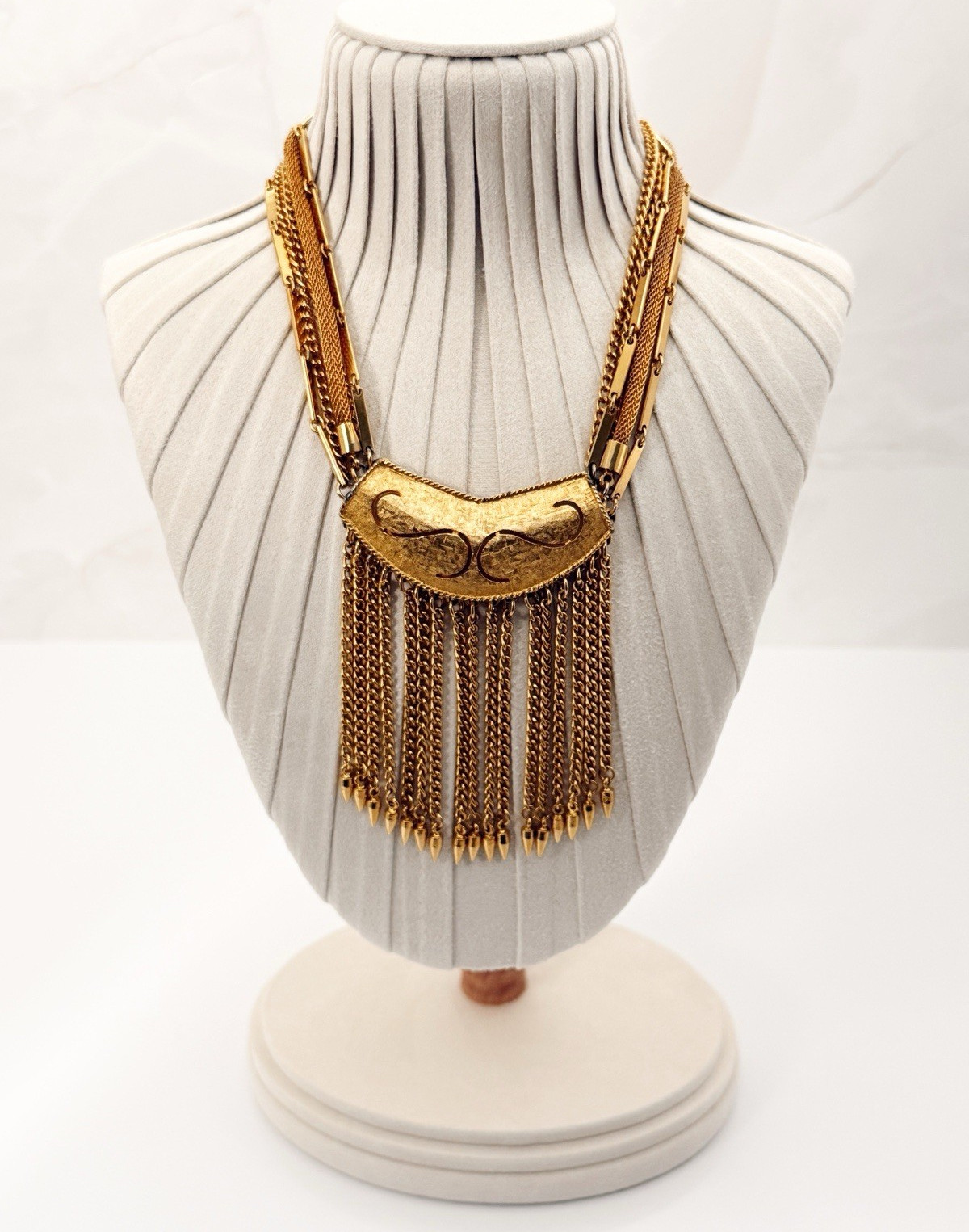 Vintage 1960s Statement Necklace with Multi-Strand Chain Fringe Tassel Pendant