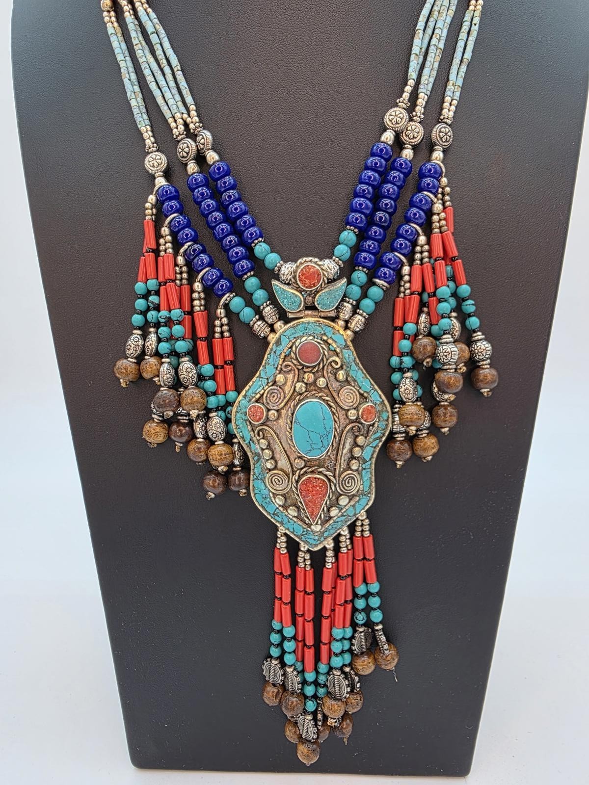 Tibetan Nepali Handmade Necklace, Turquoise Coral & Glass Beads, Untested Silver