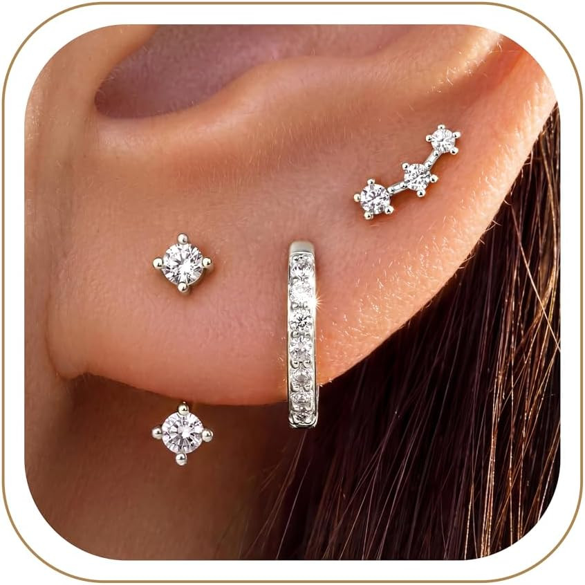3 Pairs Dainty Small Earrings Set for Women Trendy, Birthstone Stud Huggie Hoop