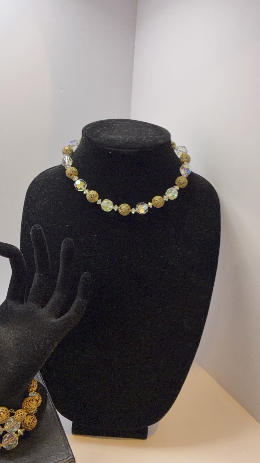 Vintage 16″ Aurora Borealis Crystal & Gold Filigree Choker & Bracelet Set