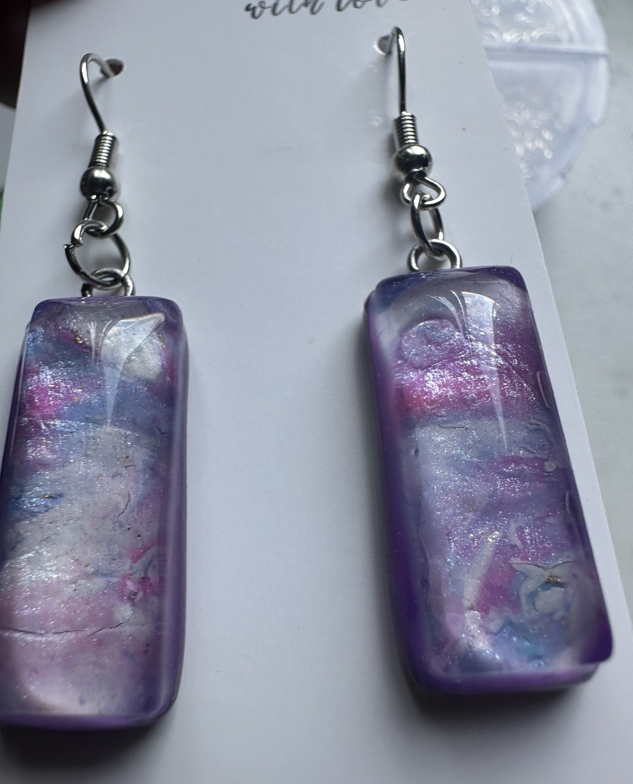 Purple Pink White Resin Rectangle Dangle/Drop Hook Earrings, Stainless Steel