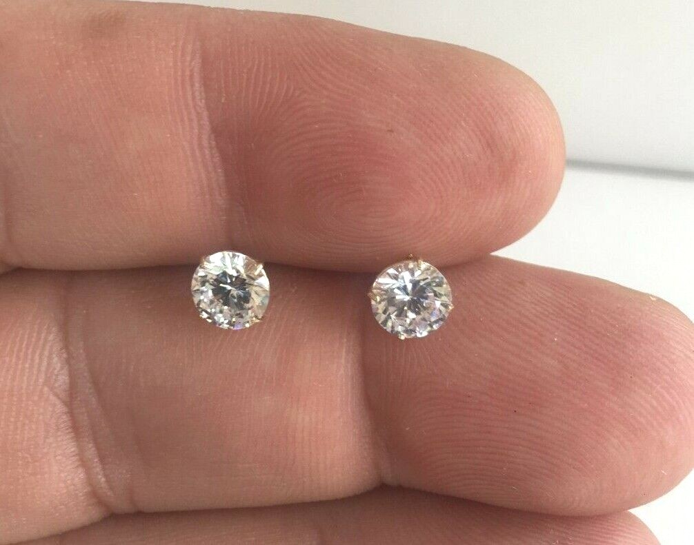 14K SOLID YELLOW GOLD STUD EARRINGS W/ 2 CARATS LAB SIMULATED DIAMONDS/ 6MM