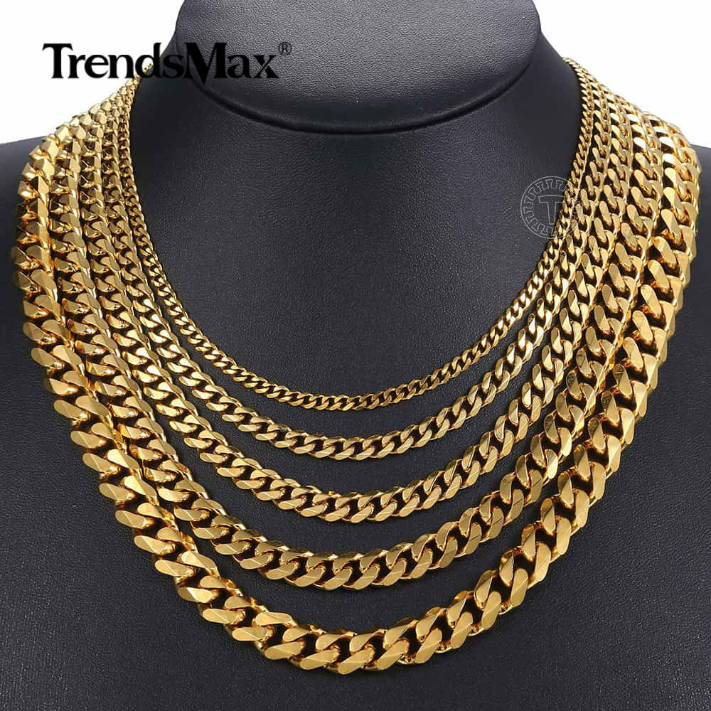 16″-36″ 3/5/7/9/11mm Gold Plated Stainless Steel Curb Cuban Mens Necklace Chain