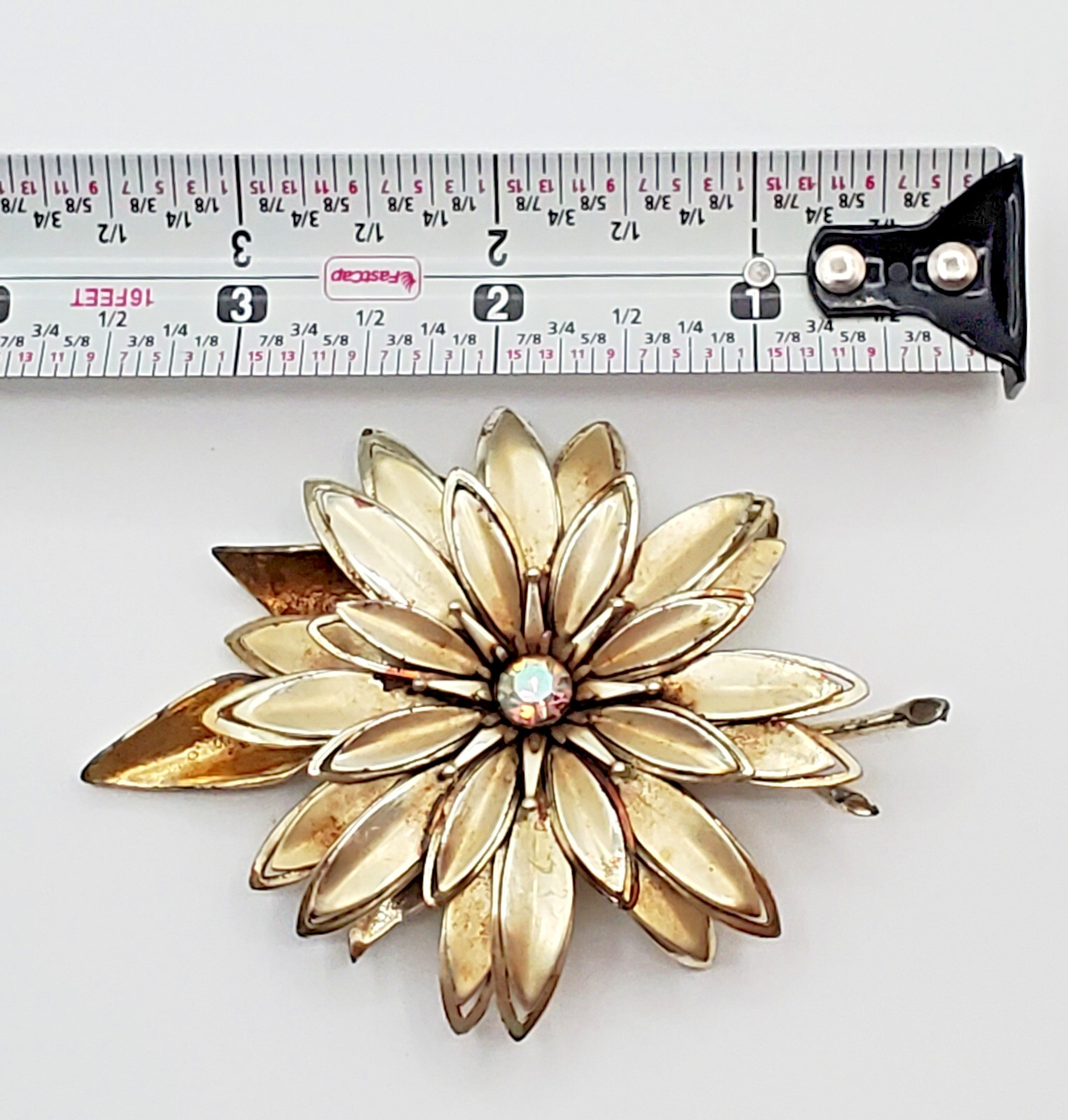 VTG Brooch 3.5in Large Gold Tone Flower Aurora Borealis 3D Layered REPAIRED READ