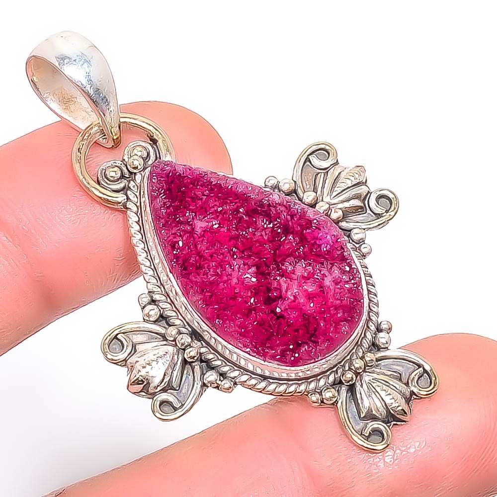 Pink Quartz Drusy Gemstone Silver Handmade Bali Pendant 2.07″ T3