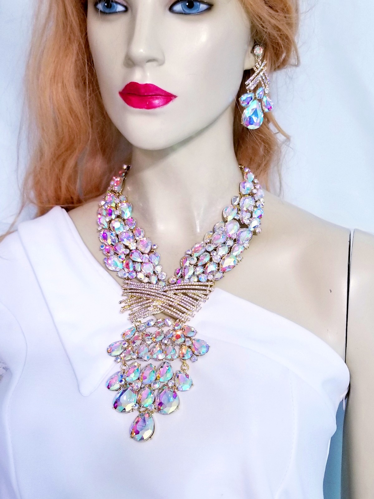AB Iridescent X Large Necklace Choker Earring Set Rhinestone Crystal Drag