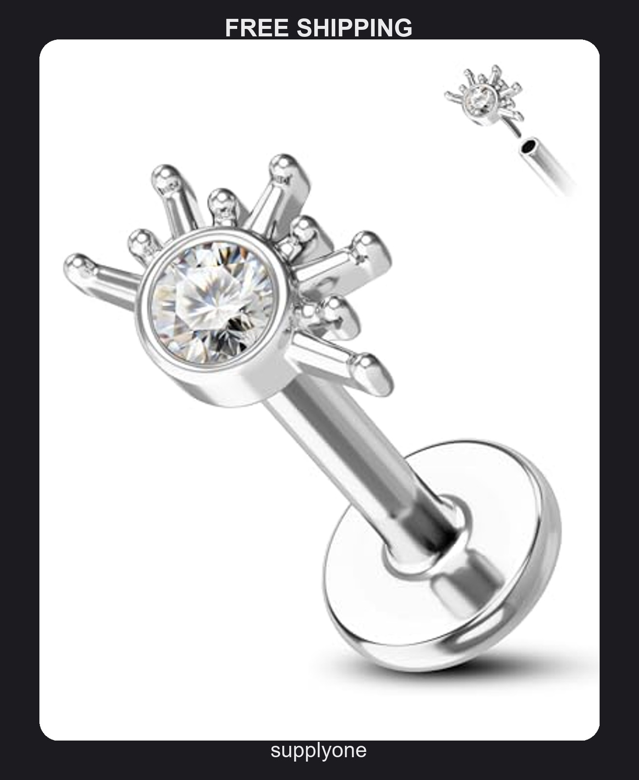 16g Stainless Steel Sun Stud Earring with Cubic Zirconia for Helix Tragus