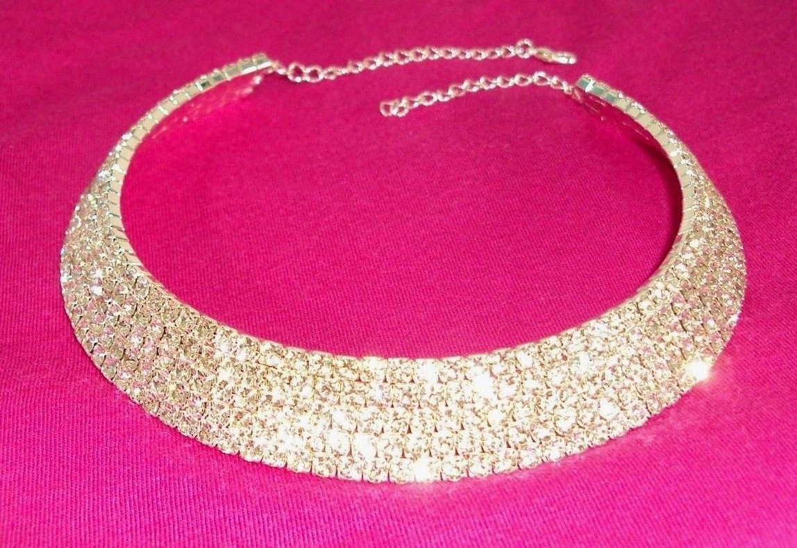 Rhinestone Choker Necklace 5 Row Collar Bling Silver Elegant Bride STUNNING GLAM
