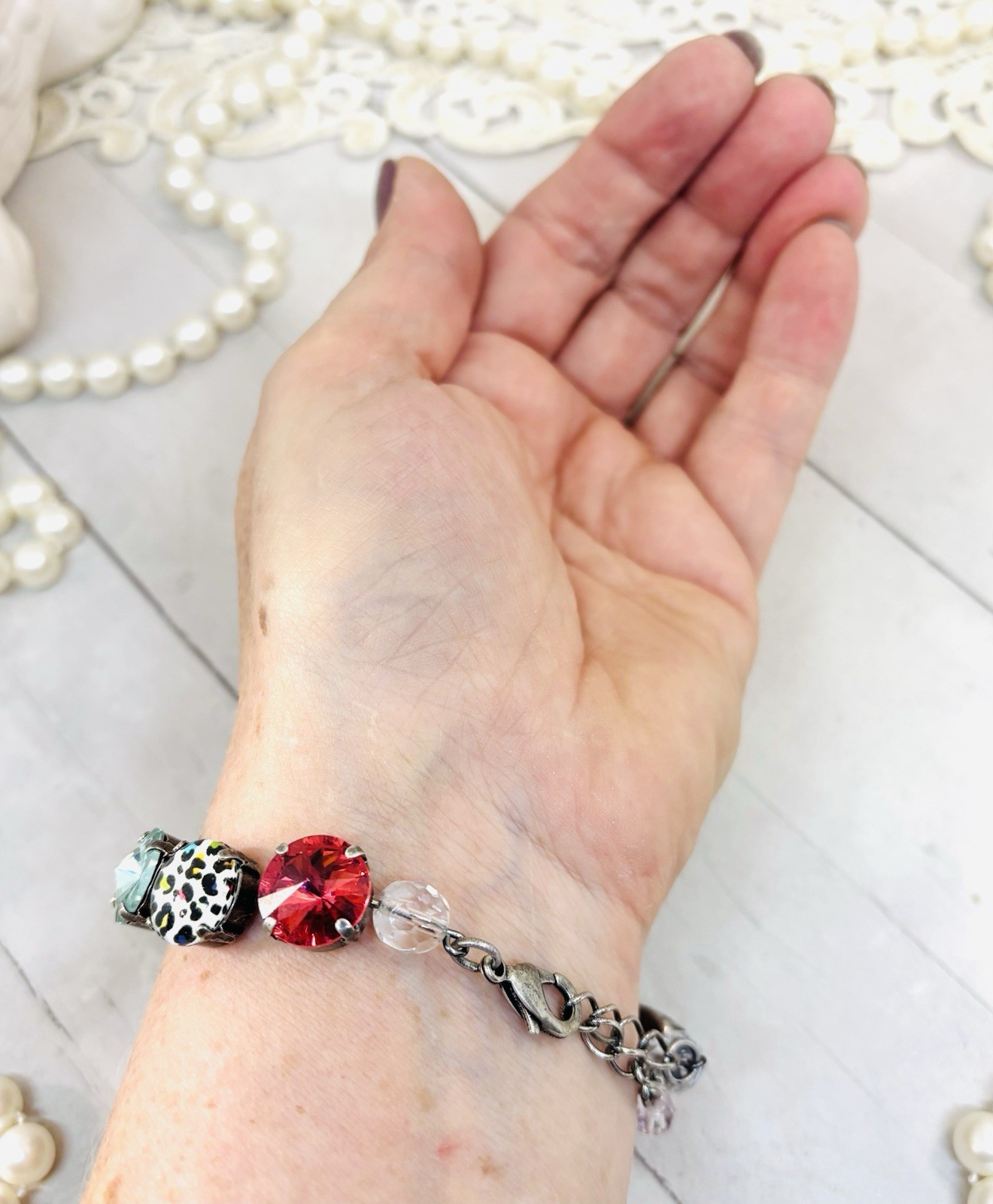 Antique Silver Plated Rainbow Leopard Cup Chain Statement Bracelet