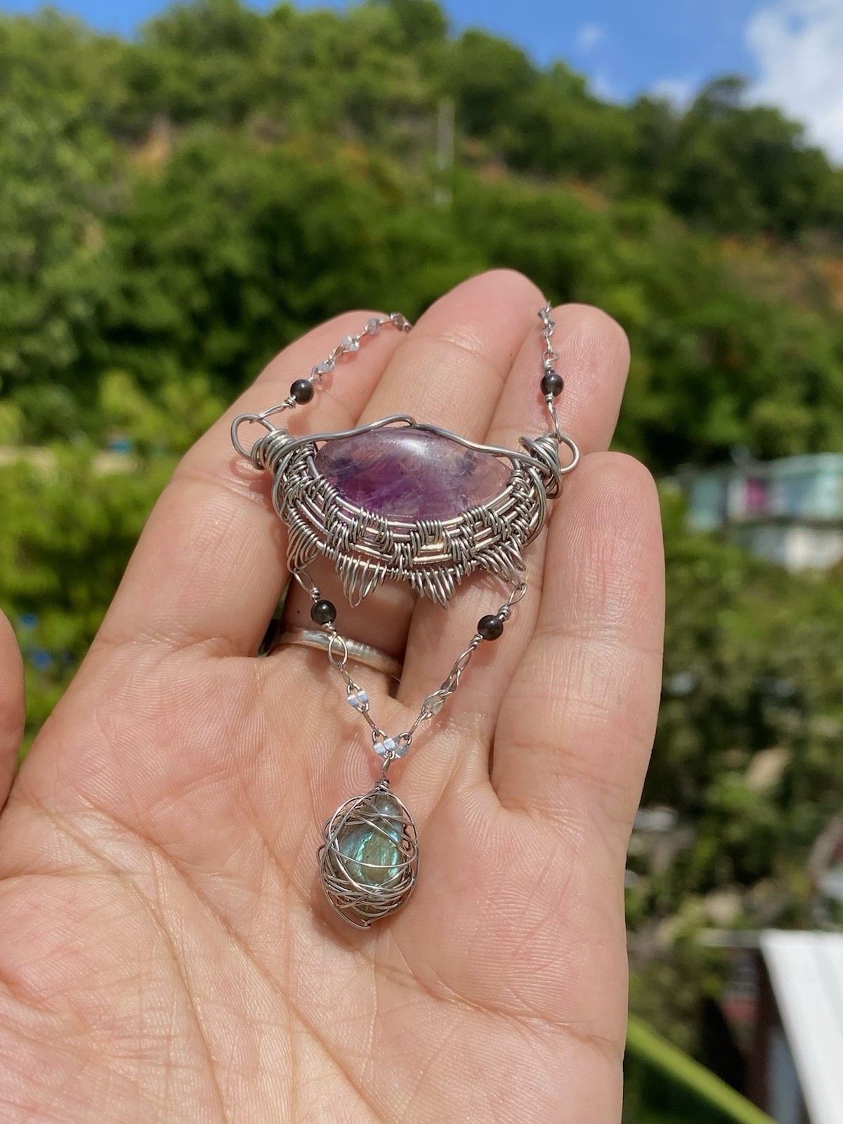 Handmade Amethyst & Labradorite Necklace Wire Wrapped Gemstones On Steel Chain