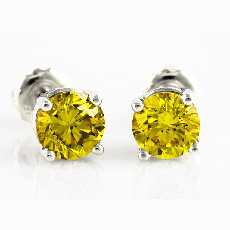 3.00 Ct Fancy Canary Yellow Diamond Studs Earrings Round 14k Gold Man Made