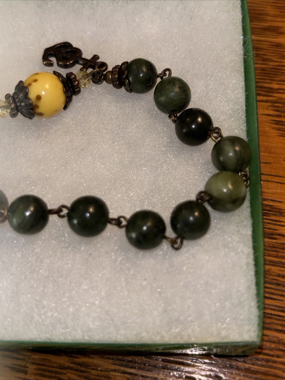 QVC Connemara Marble Bronzetone Antiqued Rosary Bracelet, yellow Stone, Avg NIB
