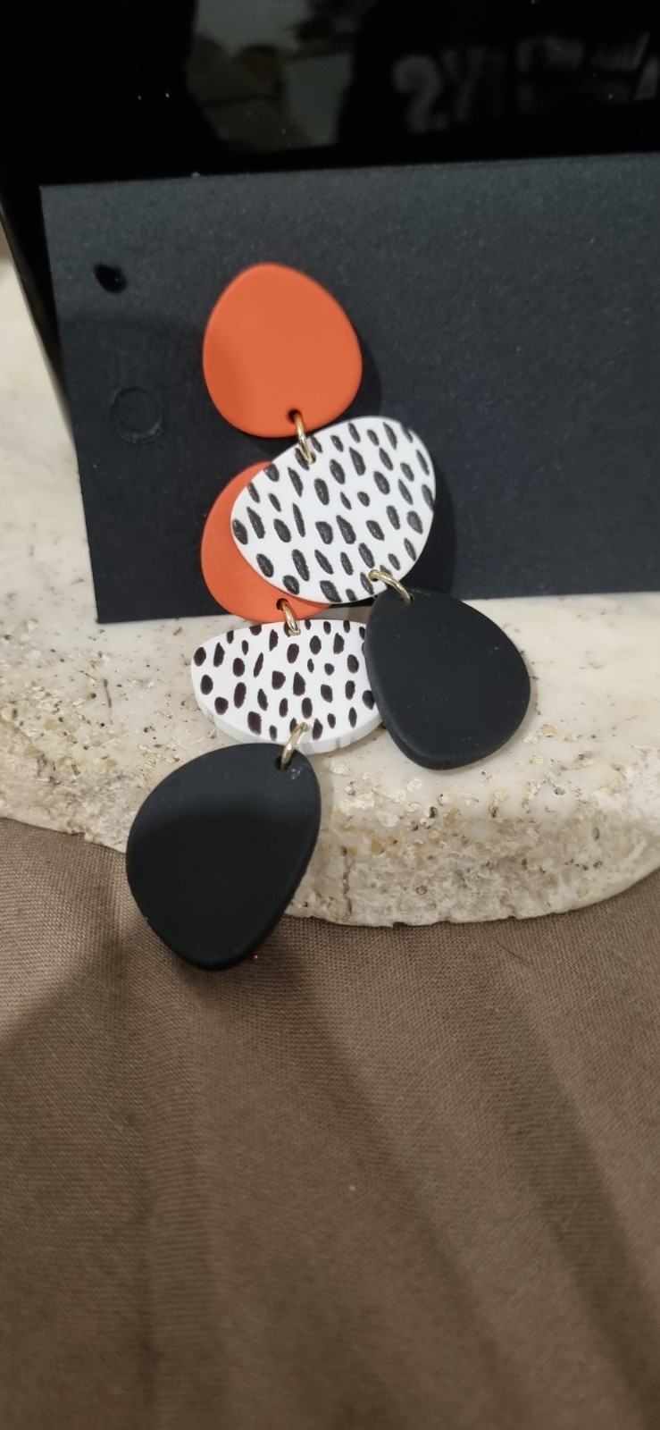 Black White & Orange Polymer Clay Teardrop Dangle Drop Hook Earrings