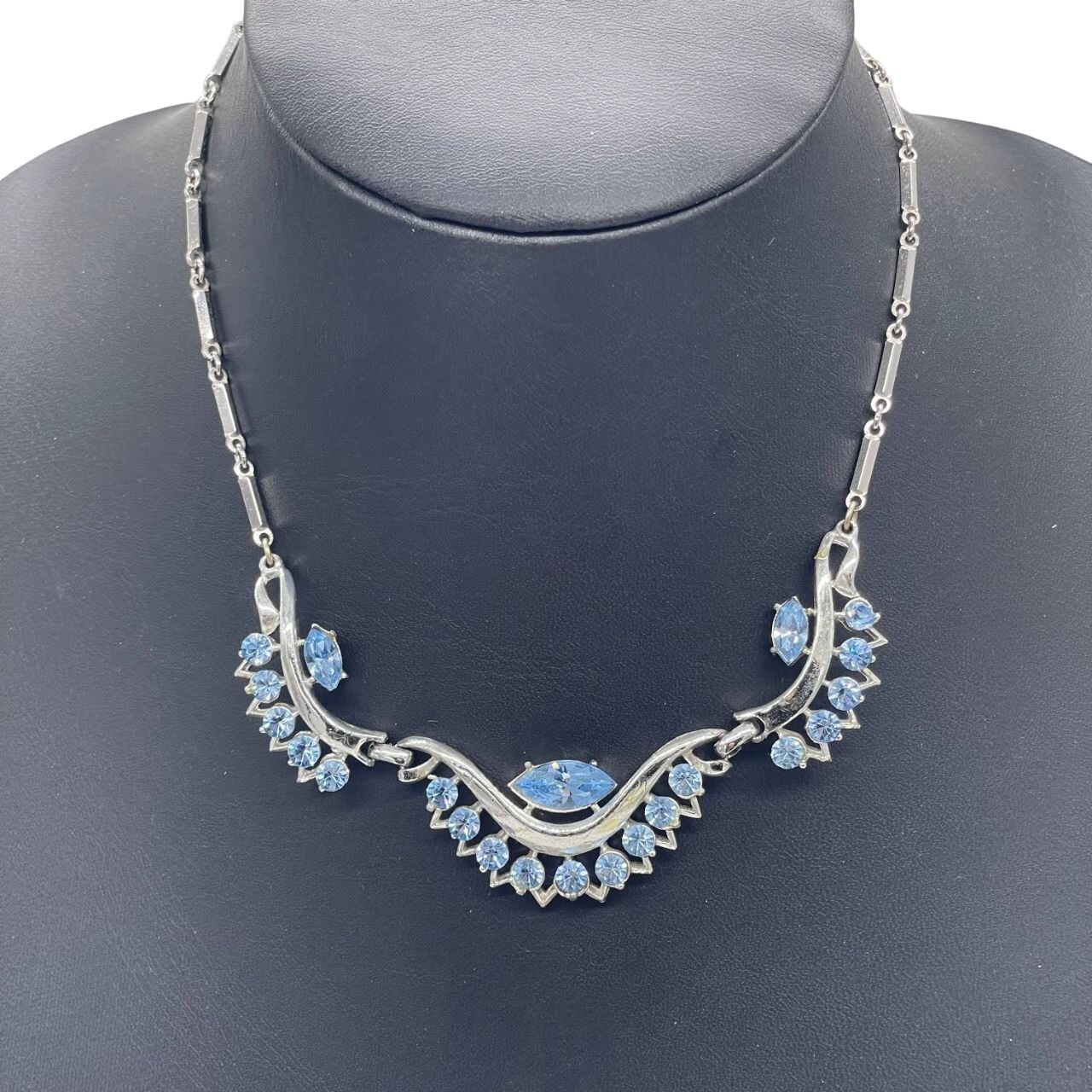 Blue Rhinestone Crystal Chain Necklace 14 to 17 Inches Hook Closure Silver Tone