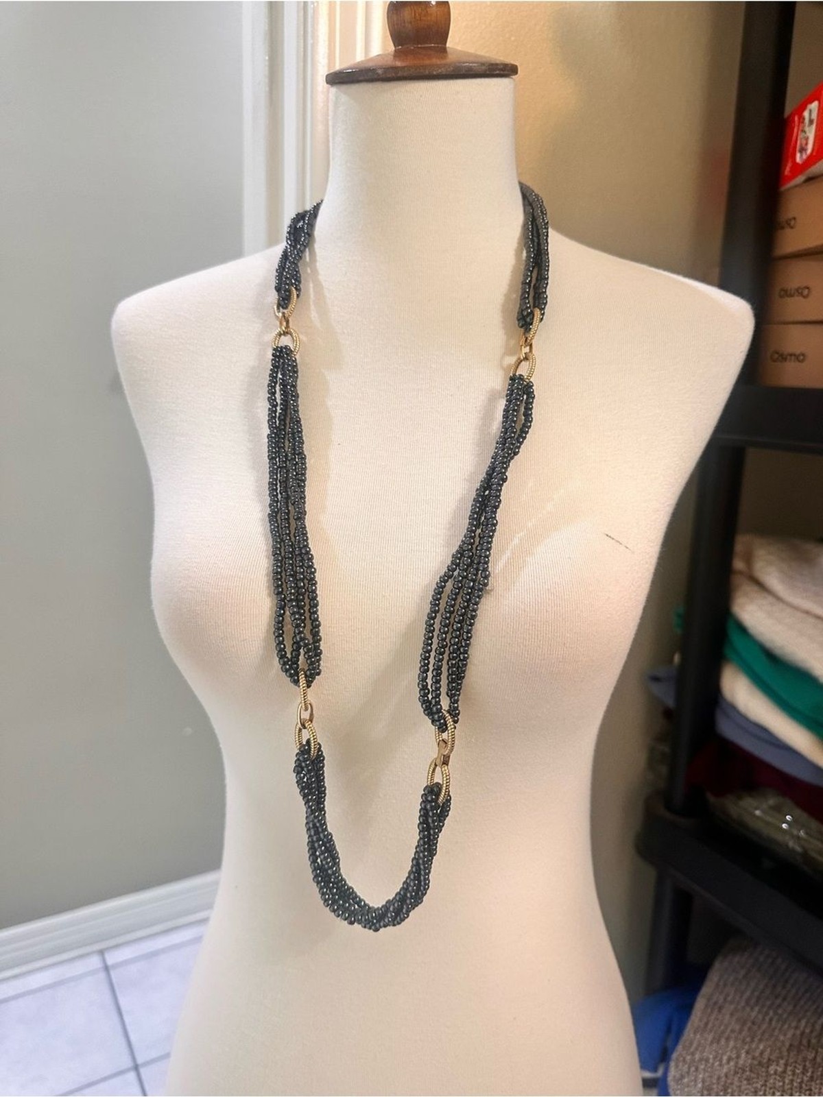 Source Unknown Black Beaded Multi-Strand Necklace with Gold Accents