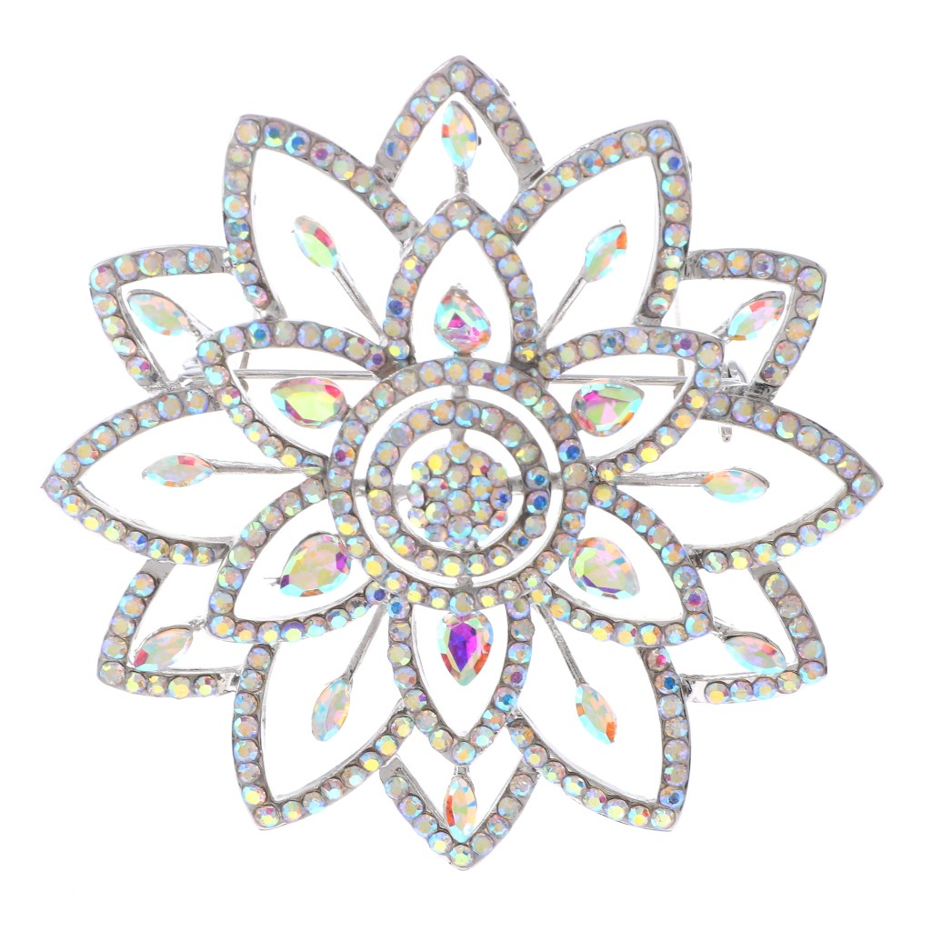 Silver Tone Alloy Metal Large Crystal Flower Brooch P1644-SAB