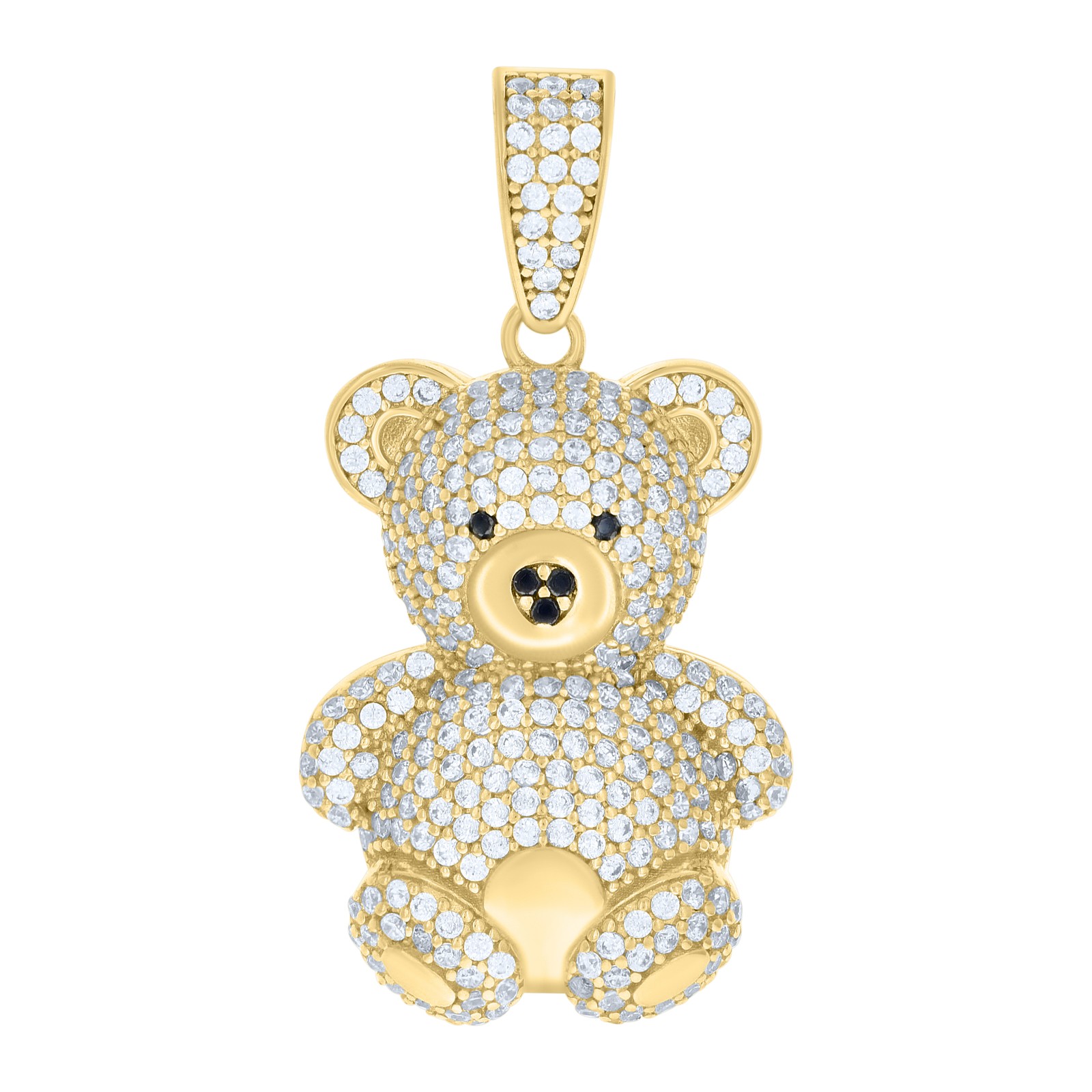 10K Yellow Gold Black Round CZ Unisex 1.45″ Ice Out Toy Charm Teddy Bear Pendant