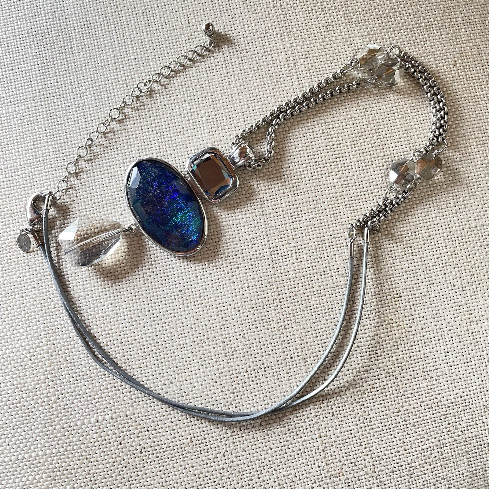 Chico’s Silver Tone Textured Chain Gray Cord Blue Jewel Charm Necklace Chic 34”