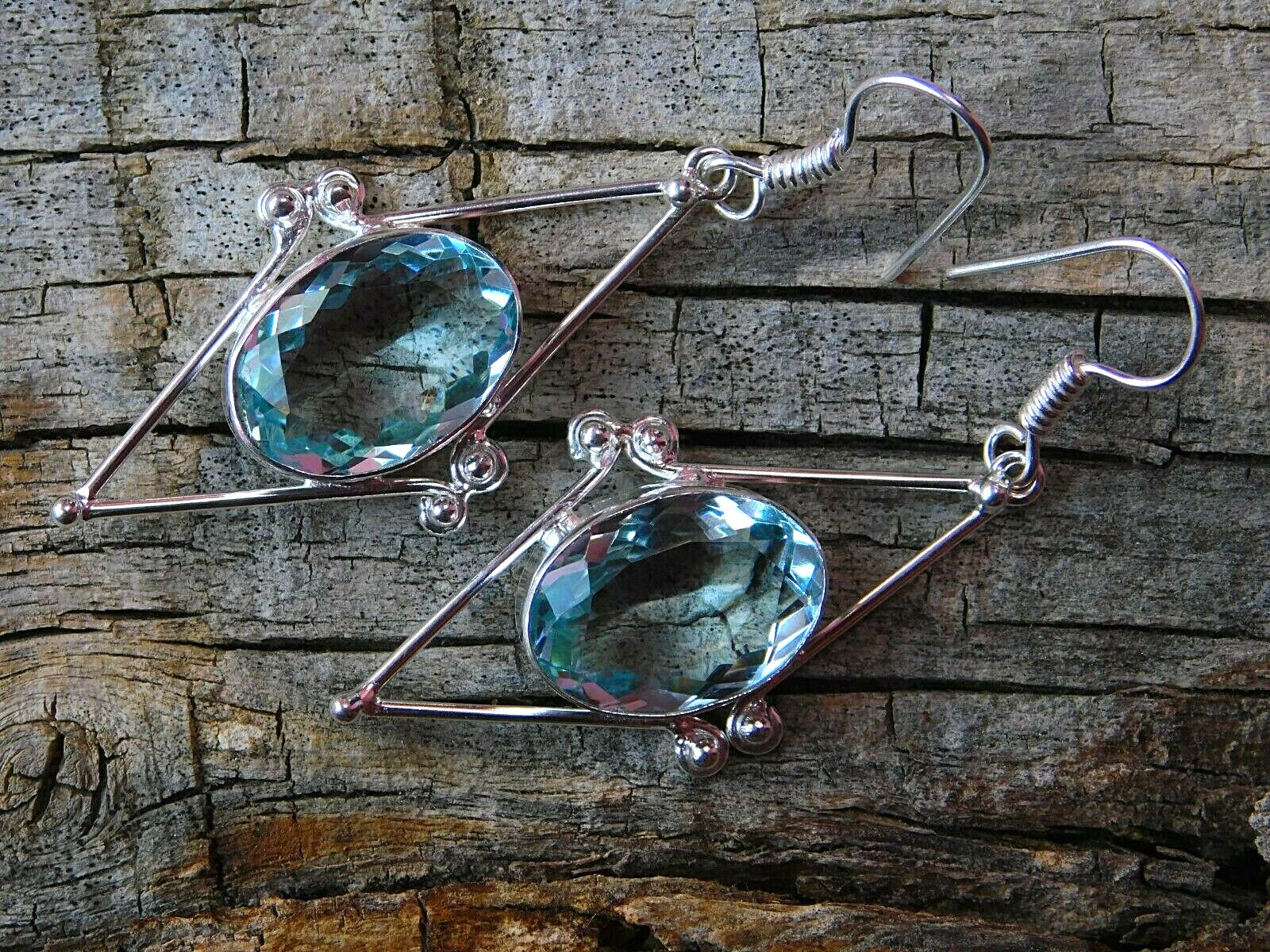 Gorgeous Triangular Hydro Aquamarine Quartz Silver Plated Brass Infinity Earring