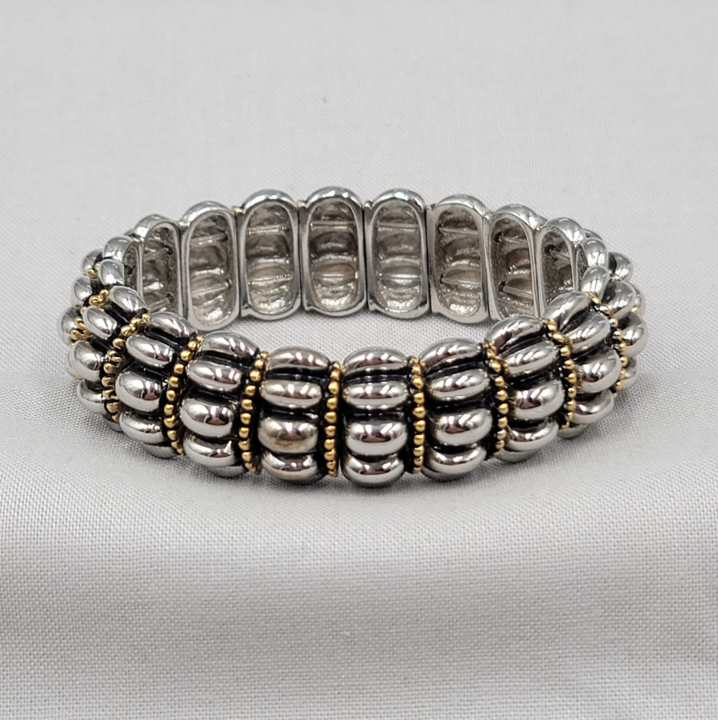 Two Toned Statement Bracelet Elastic Silver Plated Gold Plated 7″