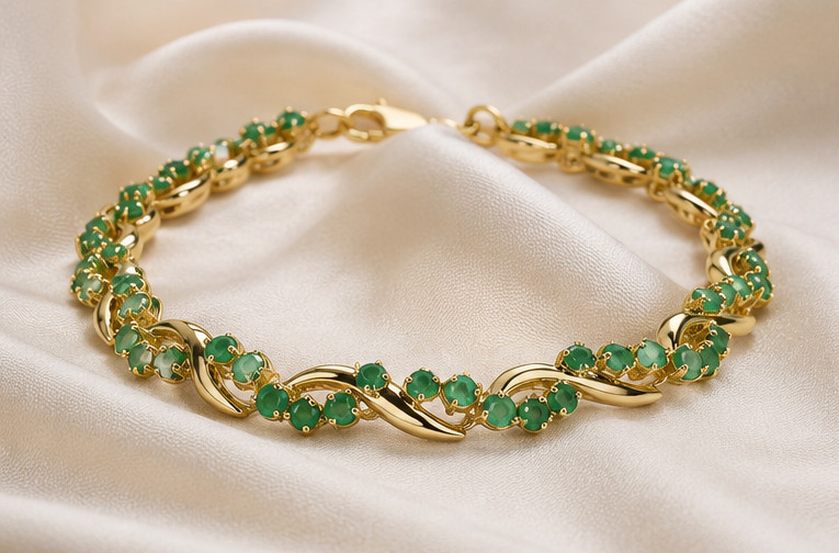 7Ct Round Cut Simulated Green Emerald Link Bracelet 14K Yellow Gold Plated 7.5″
