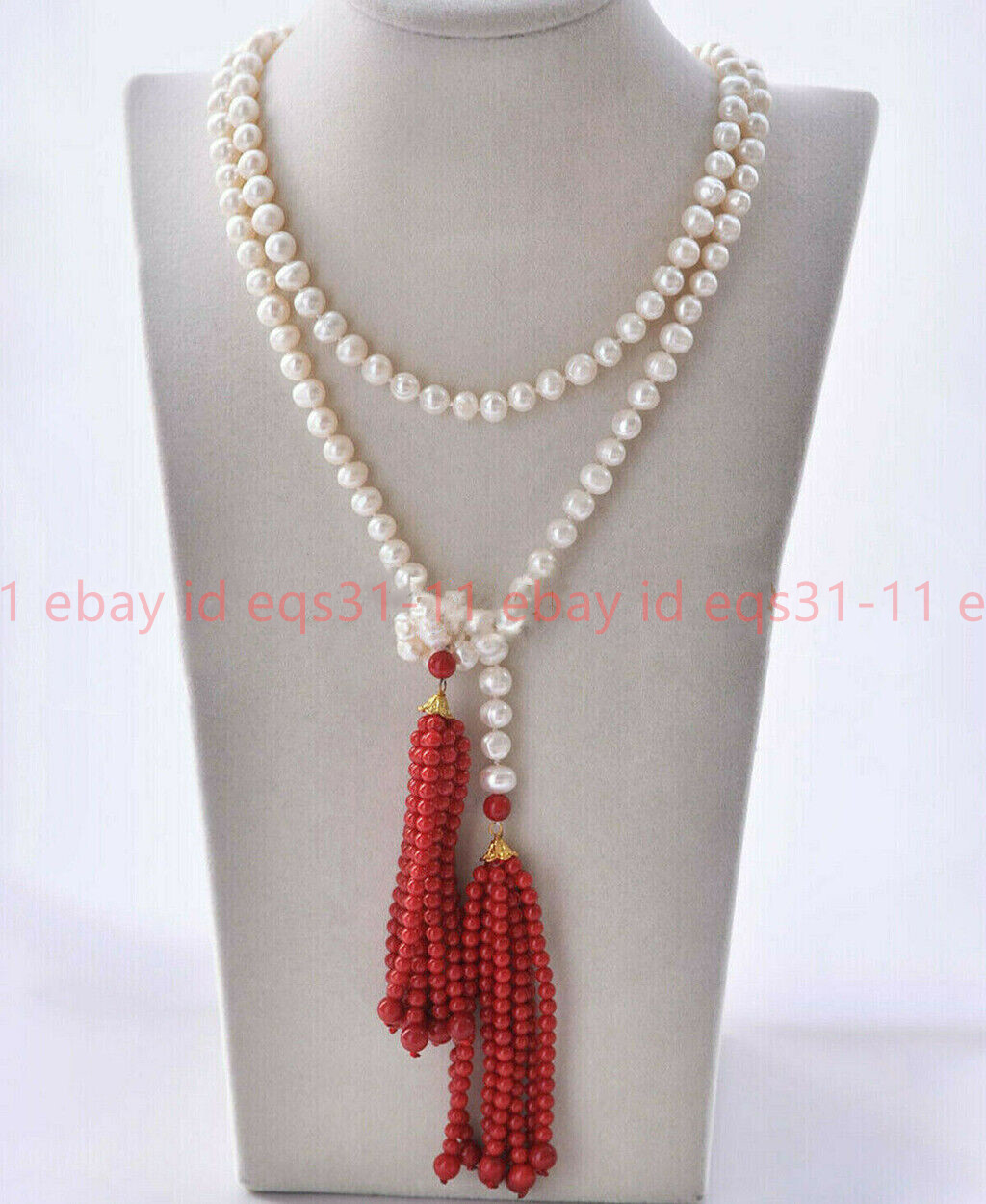7-8mm Natural White Freshwater Pearl Beaded 4mm Red Coral Tassel Necklace 50″