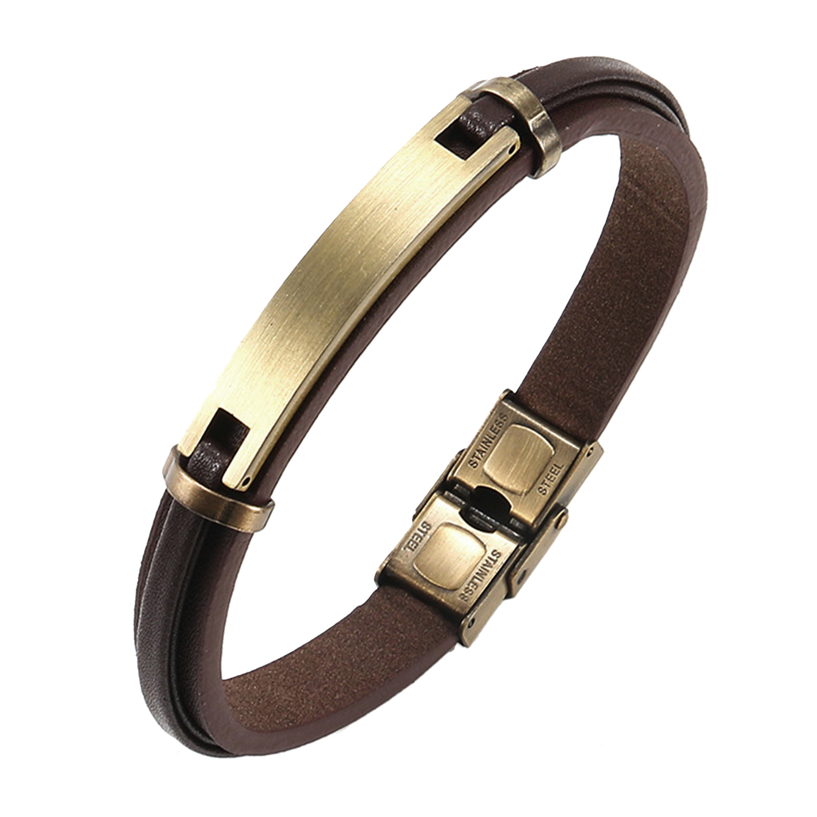 Personalized Engraved Stainless Steel Genuine Leather Bracelet Antique Gold Tone