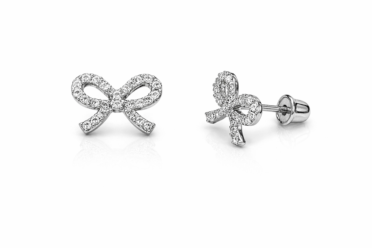 14k Solid White or Yellow Gold Bow Tie Stud Screw Back Earrings with CZ
