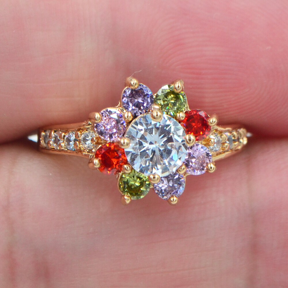 18K Yellow Gold Filled Women Multicolor Mystic Topaz Sunflower Ring Jewelry