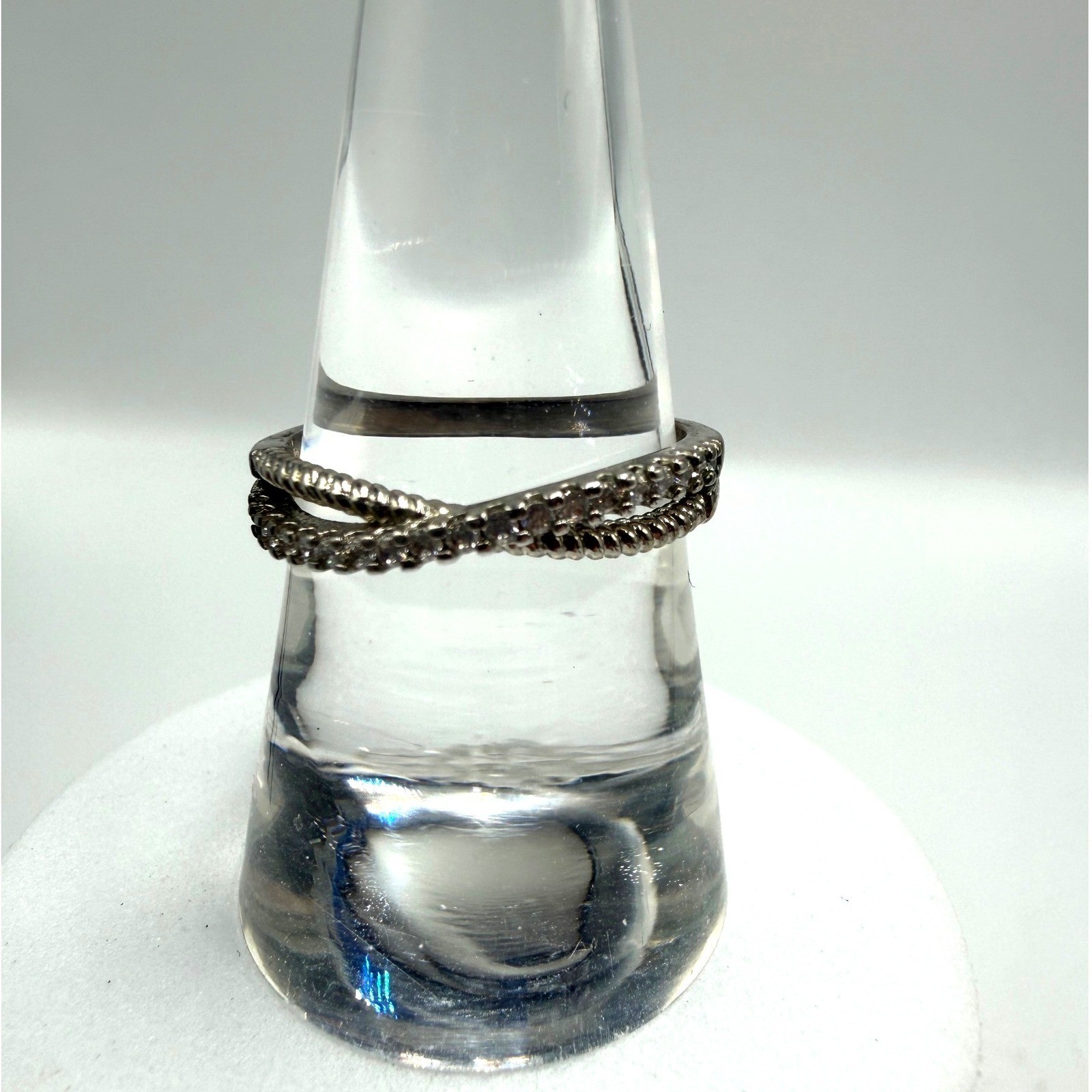 Silver tone Crossover Pave Crystal Twisted Rope Band Ring Size 7.75