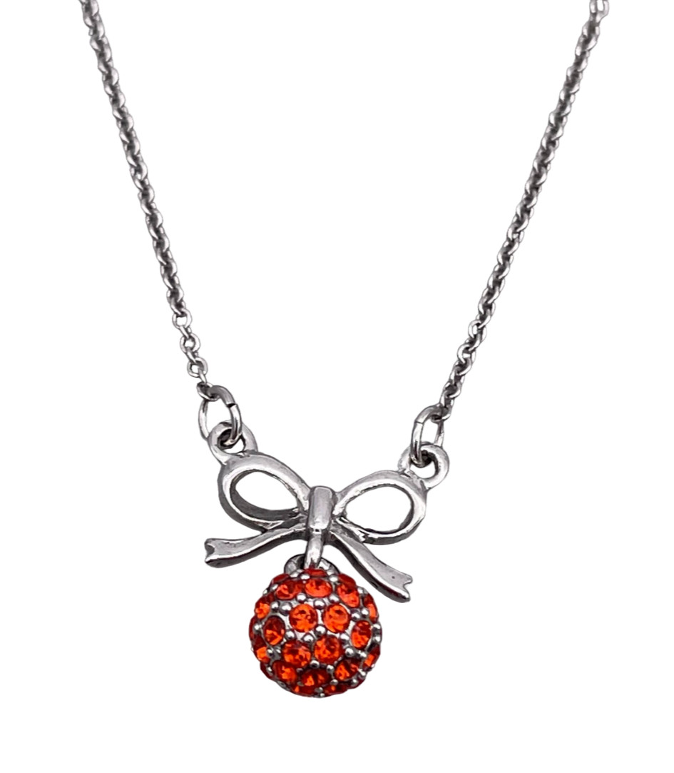 Clue Rhinestone Ball and Bow Link Chain Necklace Silver Tone 15 to 17 in