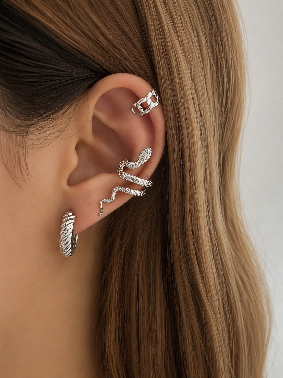 3Pcs Silver Snake Ear Cuff Set Punk Helix Cartilage Clip On Earrings Hoop Jewelr