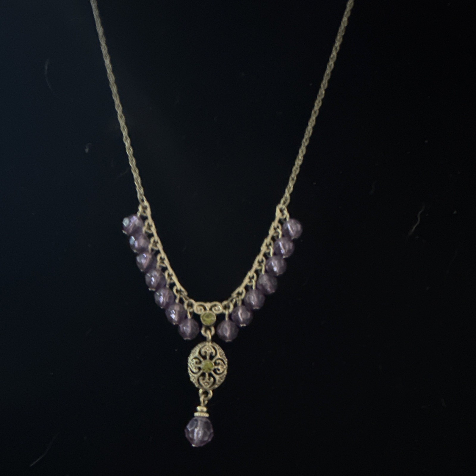 1928 Gold Tone Cable Chain Necklace w/ Purple Beads, Signed, No Stone