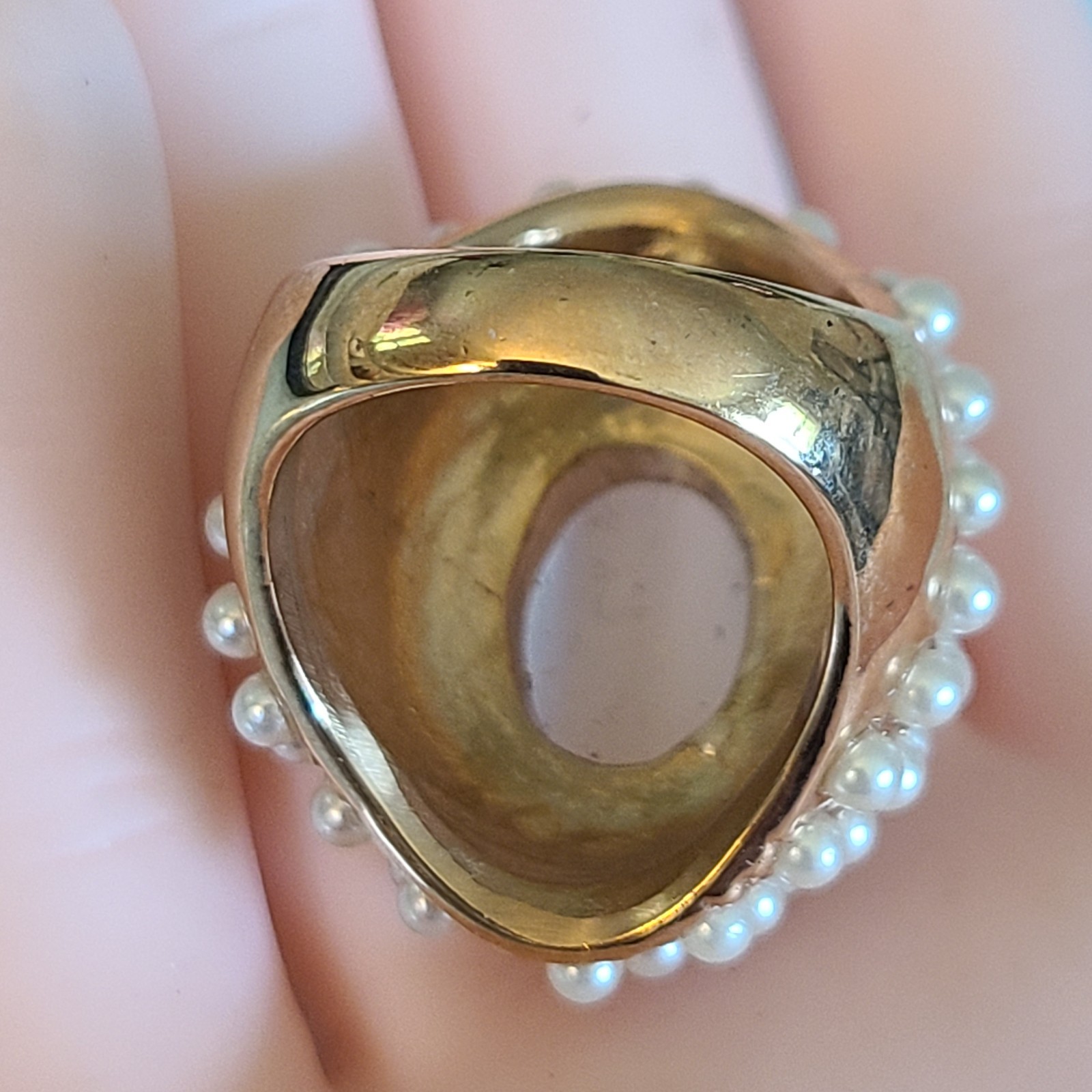 GORGEOUS Bronzetone Faux Pearl Cluster Cats Eye Cabochon Cocktail Ring 8.5