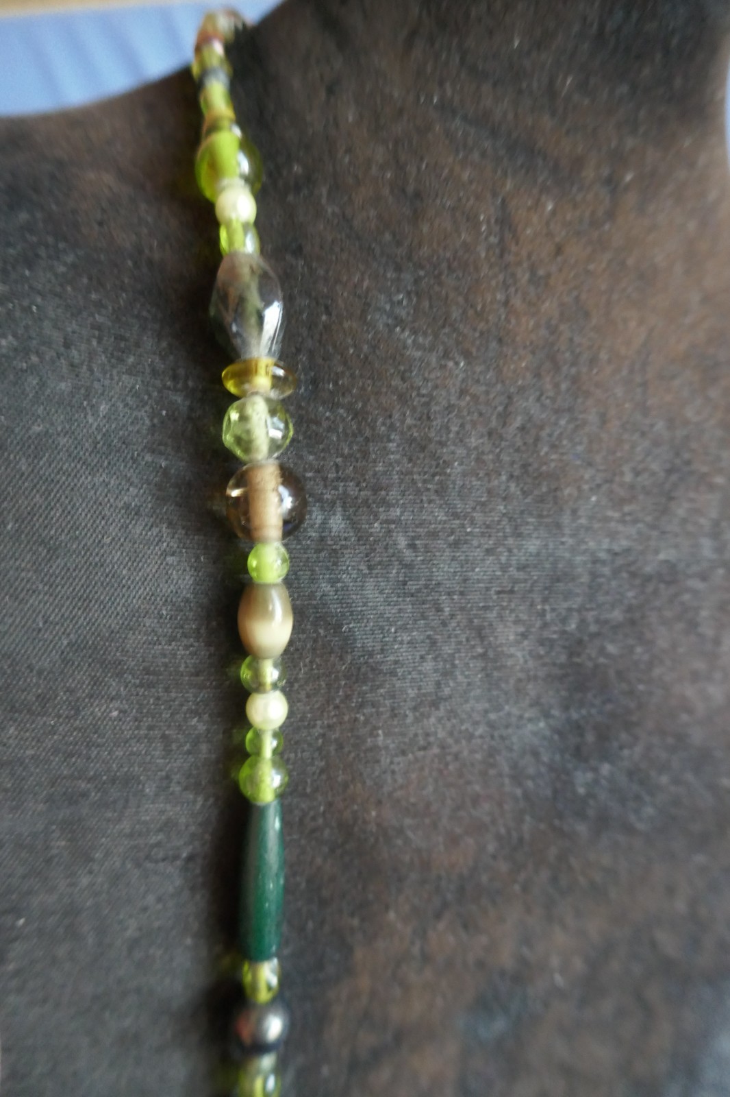 40″ Long Necklace Green Copper Gold Large Abstract Shapes Acrylic & Glass Beads