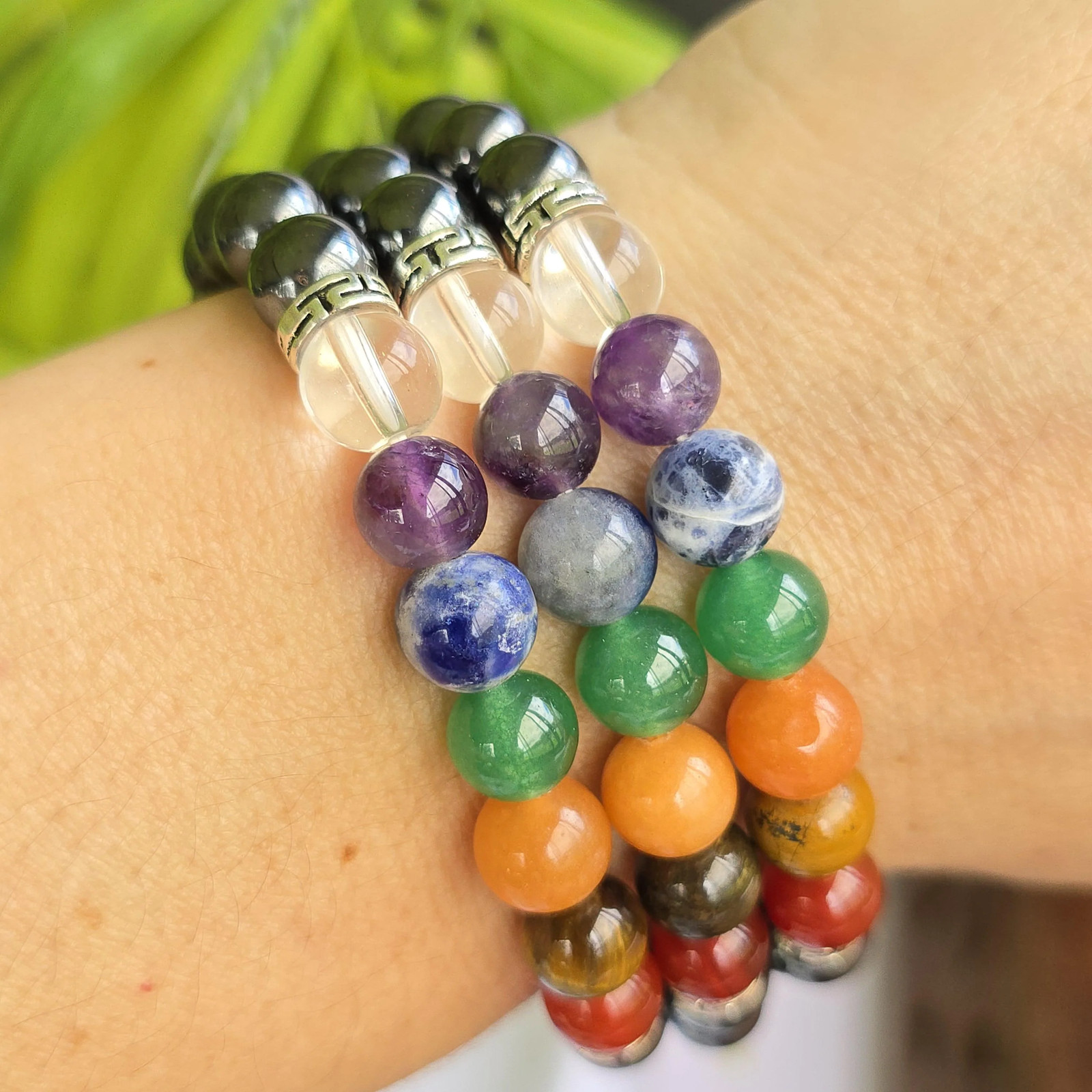 Seven Chakra Stone Hematite Bracelet: Handmade Gemstone Beaded Bracelet