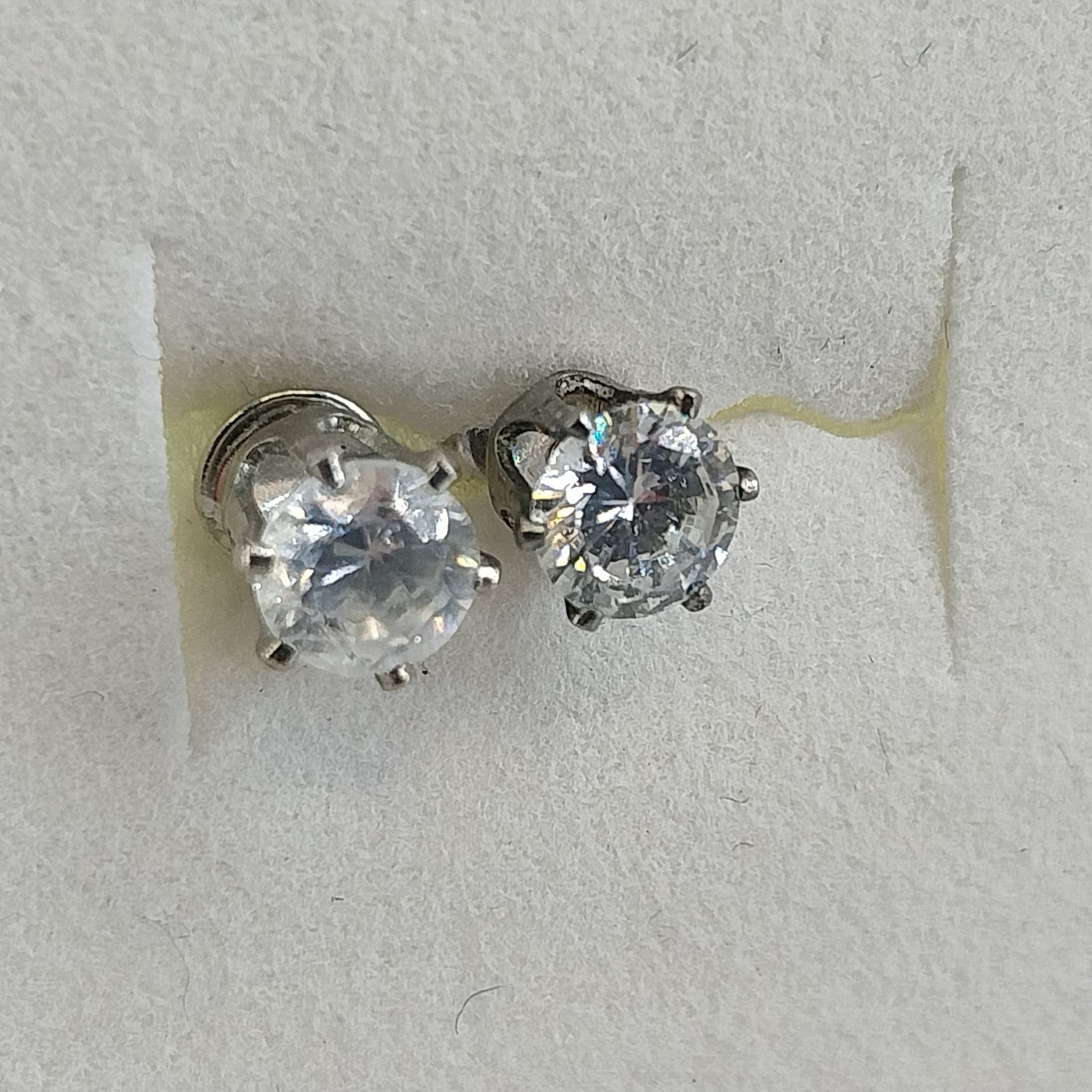 Round Clear Crystal Solitaire Stud Earrings Six Prong Silver Tone