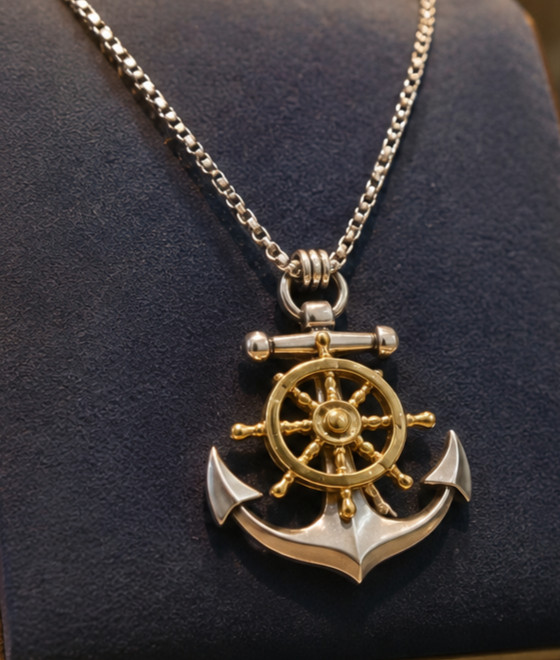 Anchor Ship Wheel Pendant Necklace 24″ Chain Silver Gold Nautical Maritime