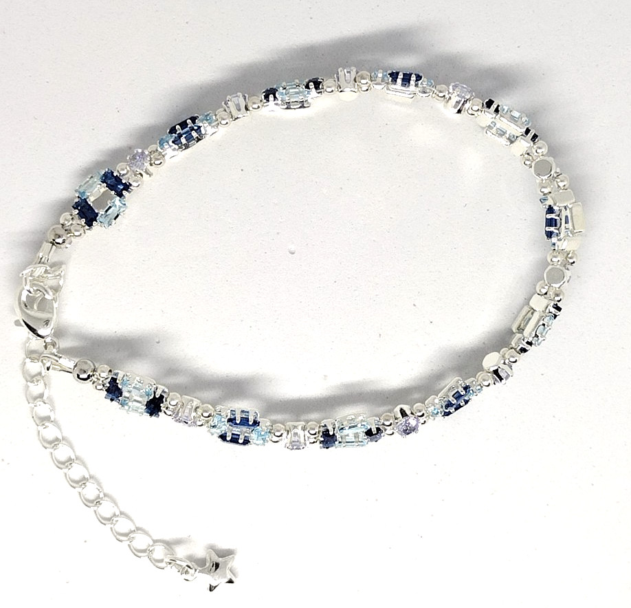 6-inch Bracelet Square-Royal Blue-Light Blue 2x4mmCZ-3mm Round Lavender Beads